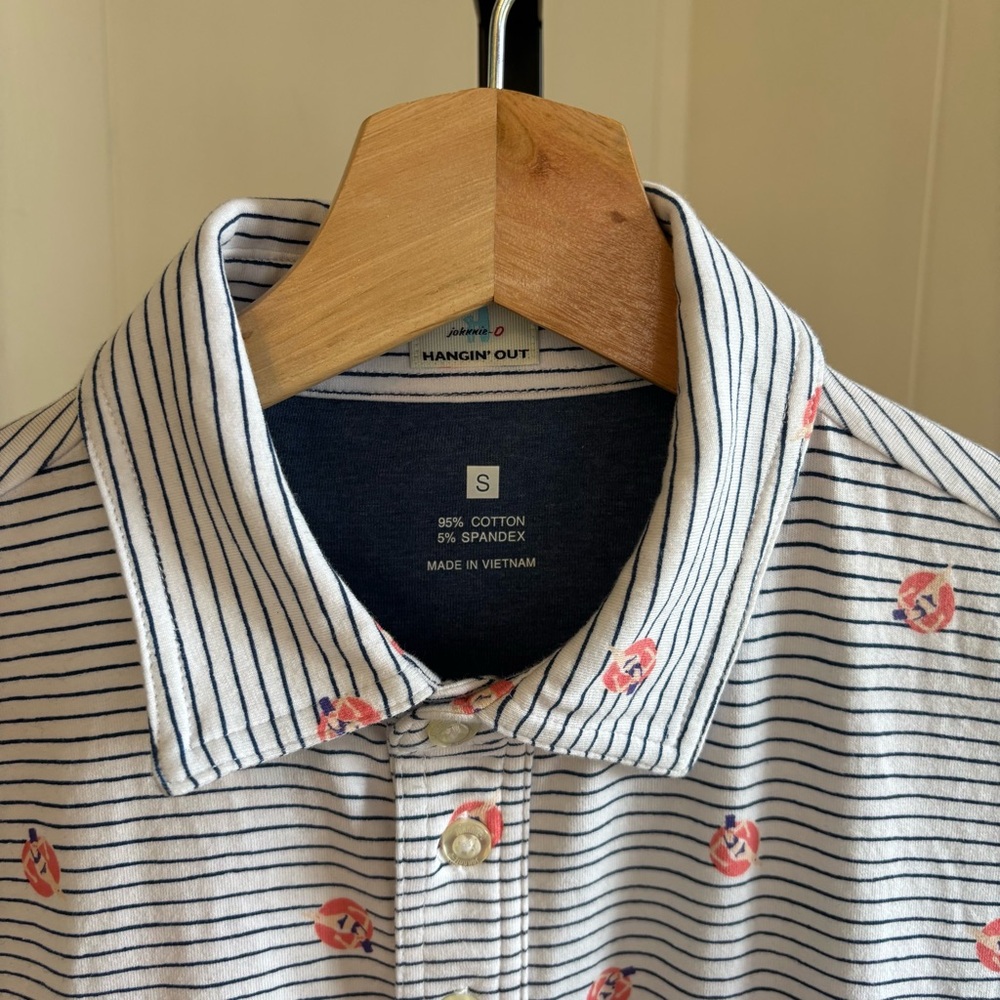 Johnnie-O Mens Small Hangin Out Blue Stripe Tube Float Armada Polo Shirt NWT